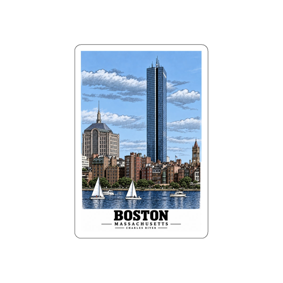Illustrated Boston, Massachusetts, from the Charles River in Boston and Cambridge on die-cut sticker