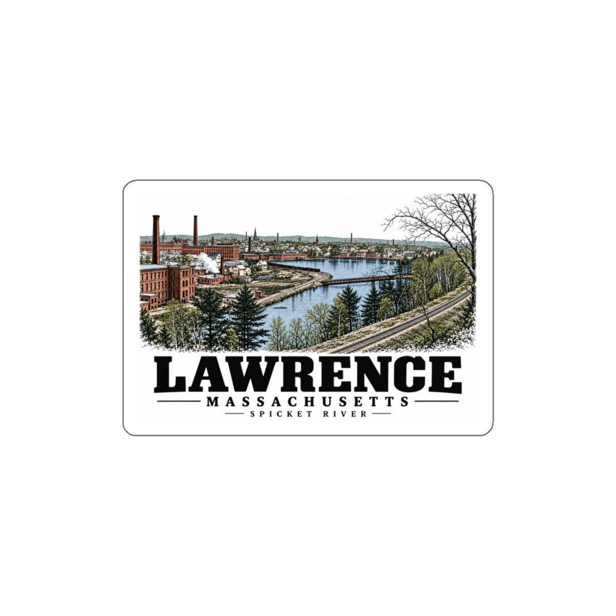 Front of Spicket River white die-cut sticker, with Lawrence, Massachusetts artwork and lettering.
