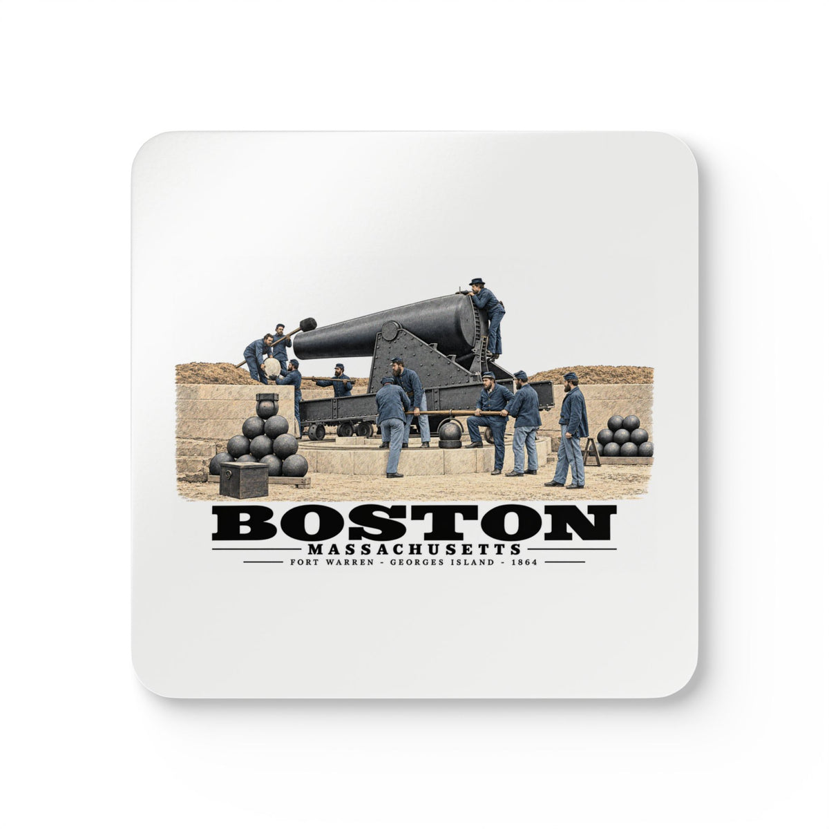 View of the 15 inch gun, Fort Warren, 1864 Cork Back Coaster Set - Boston Harbor