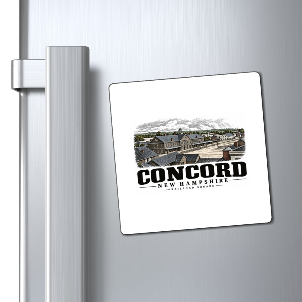Refrigerator display of Railroad Square square vinyl magnet, Concord, New Hampshire.
