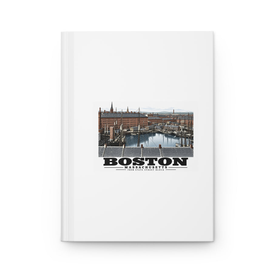 White hardcover journal with Boston waterfront buildings, wharves, boats and harbor water artwork and Boston lettering
