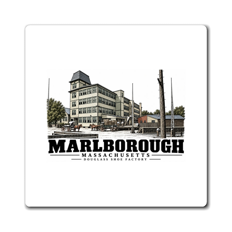 Illustrated Douglass Shoe Factory in Marlborough on square magnet