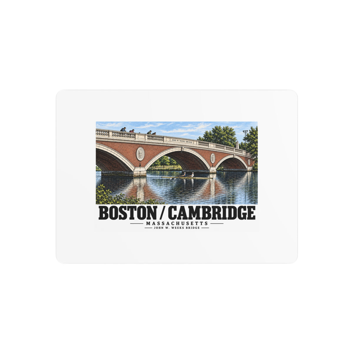 Metal wall print showing John W. Weeks Bridge and scullers artwork and Boston/Cambridge lettering