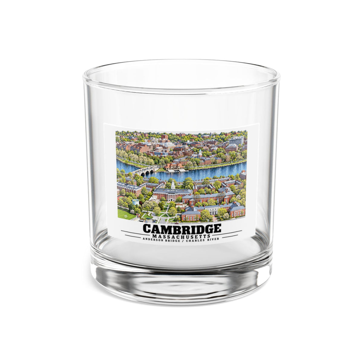 Clear rocks glass front with Cambridge and Charles River artwork and Cambridge lettering.