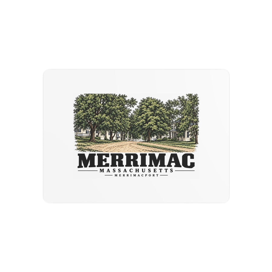 Front of Merrimac Street metal wall art, with Merrimac, Massachusetts artwork and lettering.