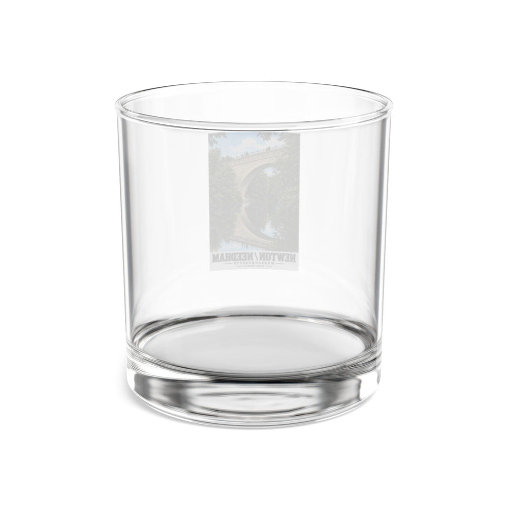 Rear view of clear rocks glass with Echo Bridge portrait print and reversed lettering visible through the glass