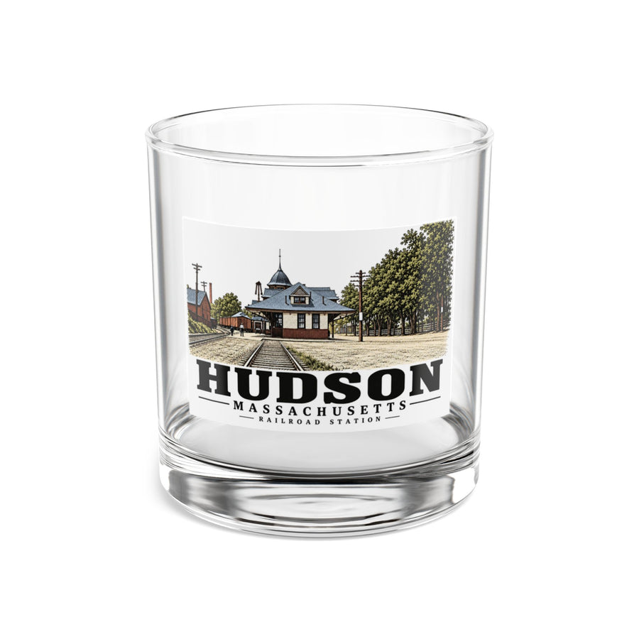 Illustrated Railroad Station in Hudson on rocks glass