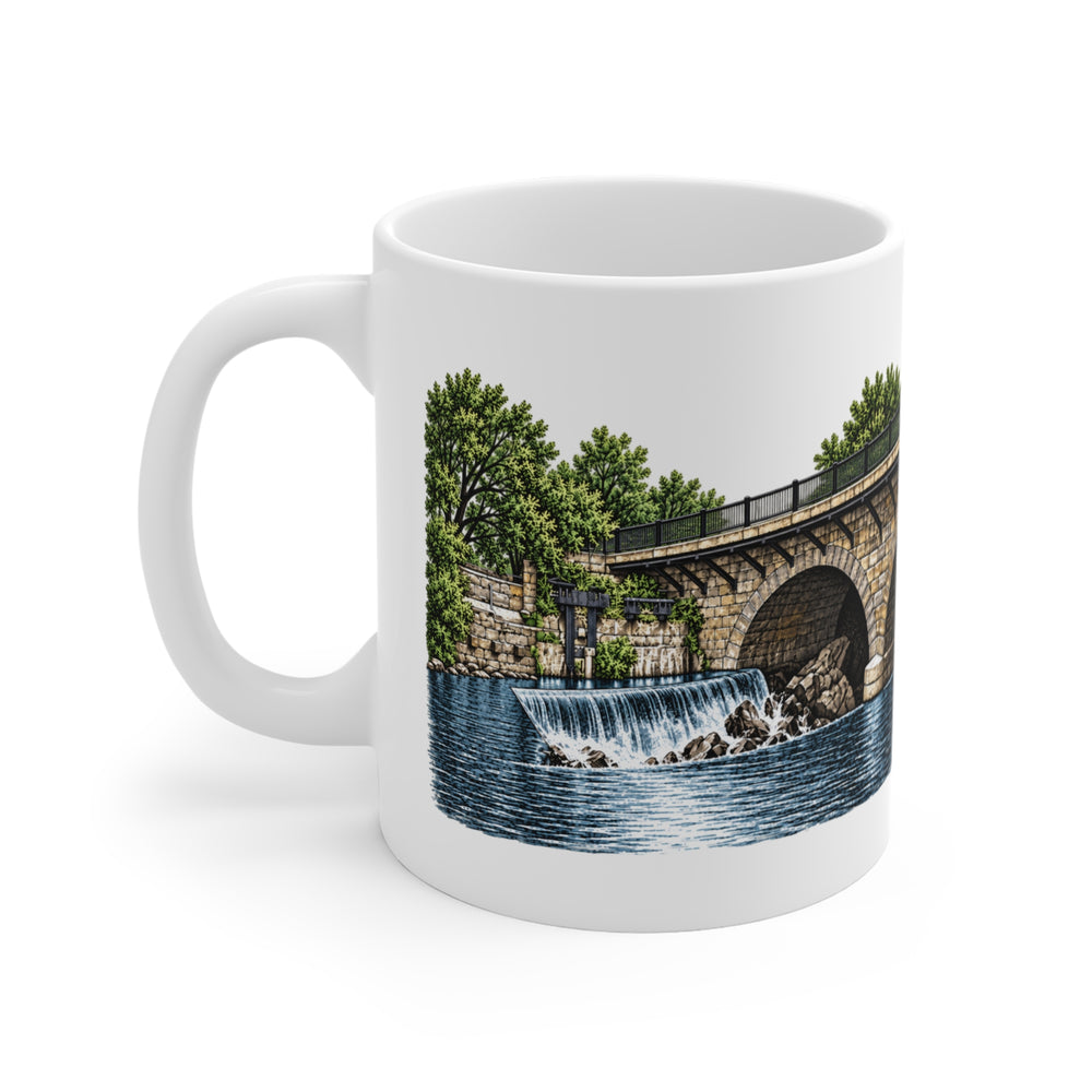 Pawtucket Main Street Stone-Arch Bridge and Falls 11 oz ceramic mug — artwork view, handle left — Familiar History