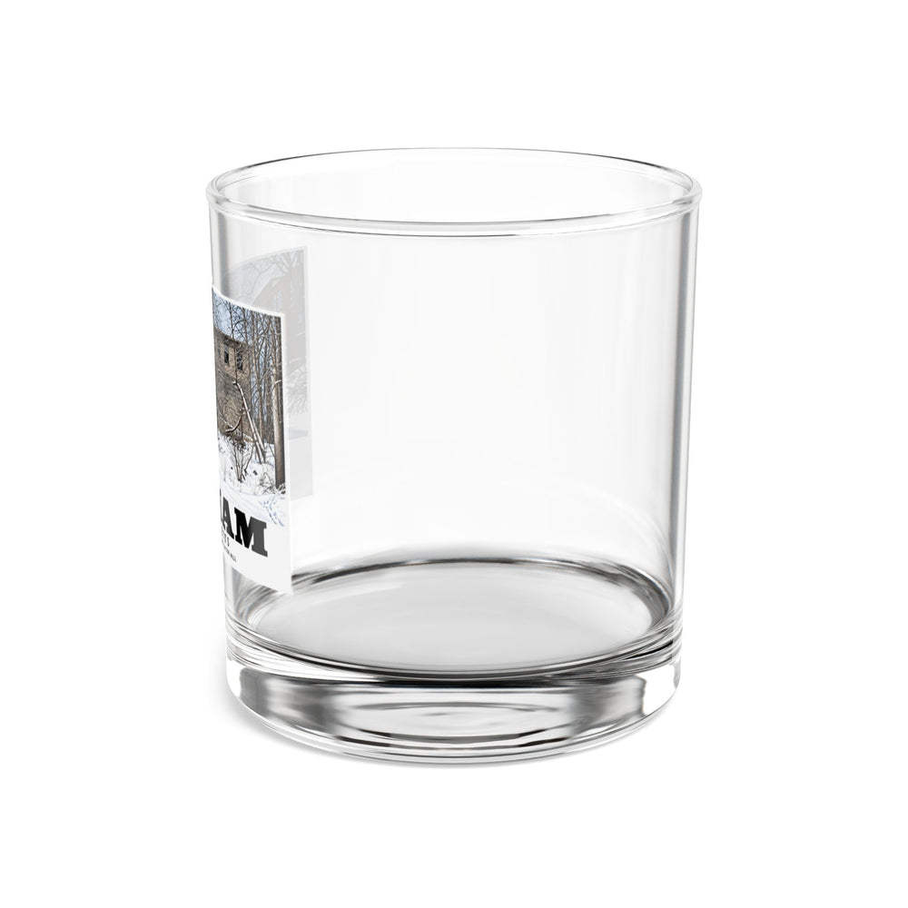 Illustrated Norfolk Manufacturing Company Cotton Mill in Dedham on rocks glass