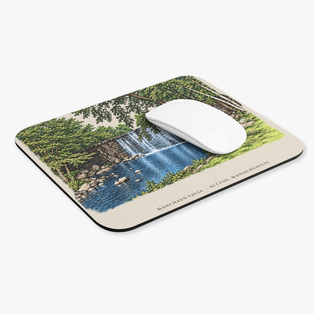 Sutton Manchaug Falls mouse pad mockup showing the full illustrated print