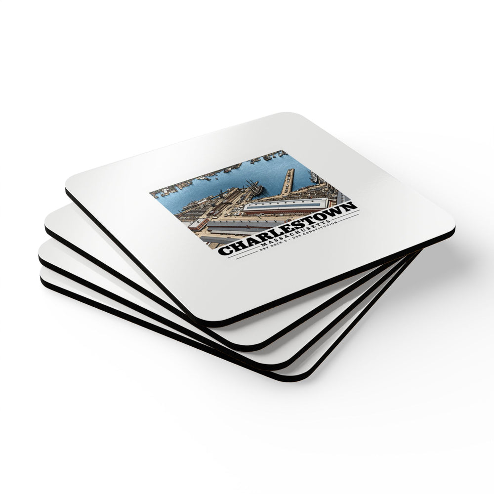 Illustrated Dry Dock 5 and Constitution Pier in Charlestown on corkwood coaster set