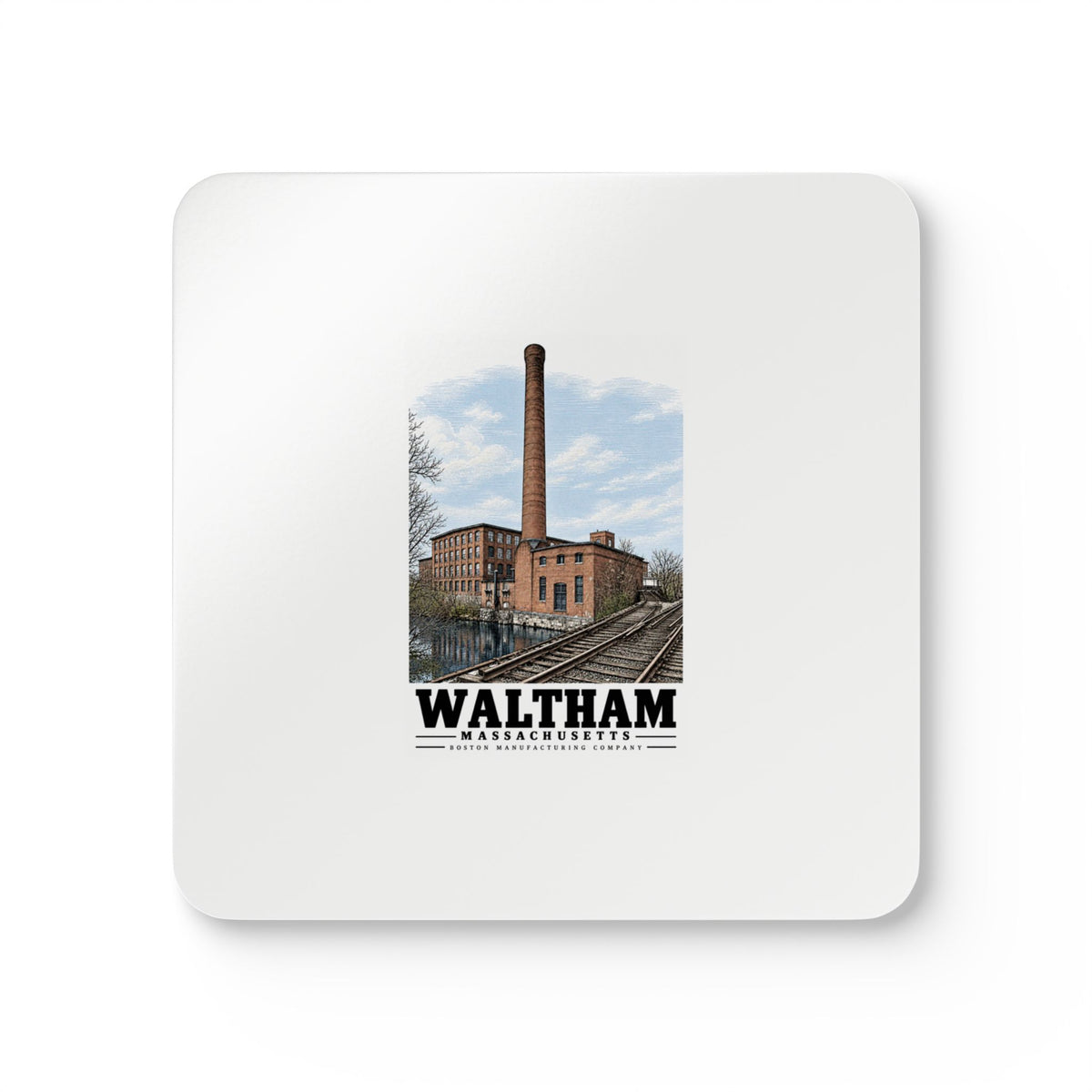 Front view of a cork-backed coaster with Waltham Boston Manufacturing Company boilerhouse and railway artwork.