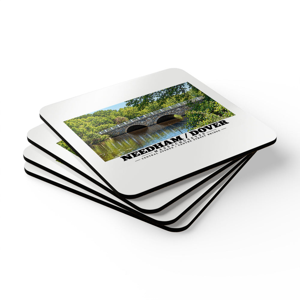 Stack of square coasters with Central Avenue / Centre Street Bridge stone arches and river artwork visible on the top coaster