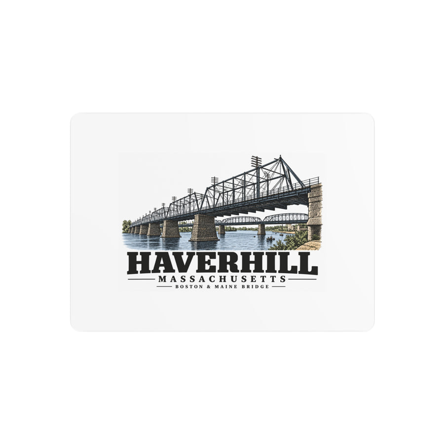 Front of Boston & Maine Railroad Bridge metal wall art, with Haverhill, Massachusetts artwork and lettering.