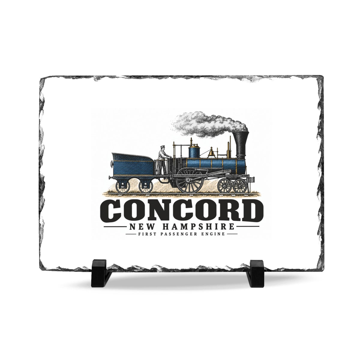 Front on black stands of First Passenger Engine slate desk plaque, Concord, New Hampshire.