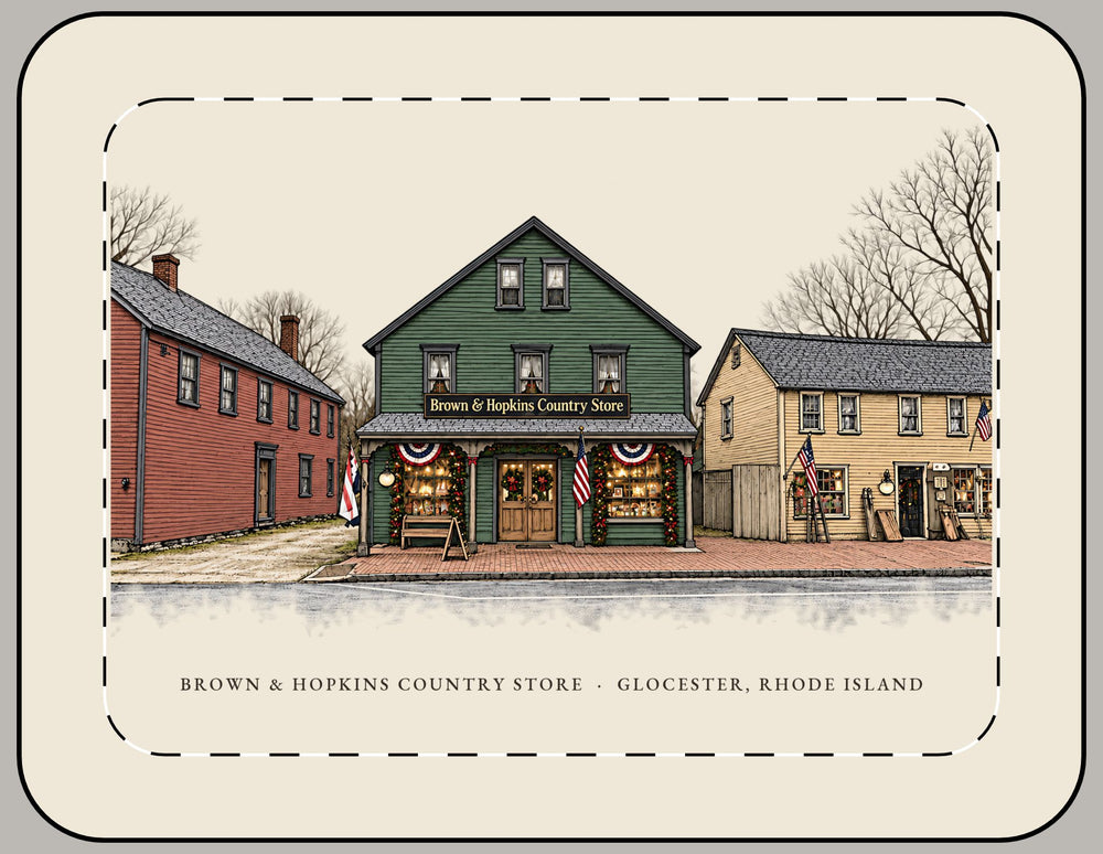 Glocester Brown & Hopkins Country Store, Chepachet 15-inch laptop sleeve mockup showing the full illustrated print