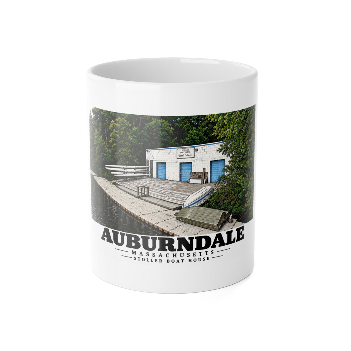Front view of the white ceramic mug with Auburndale Stoller Boathouse artwork.