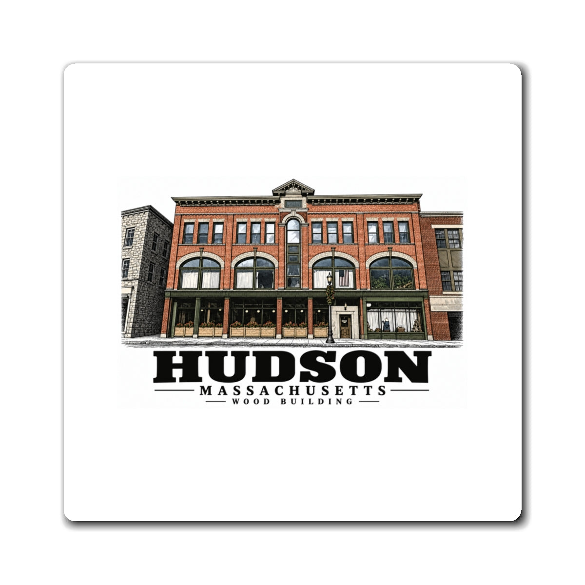 Illustrated Wood Building in Hudson on square magnet