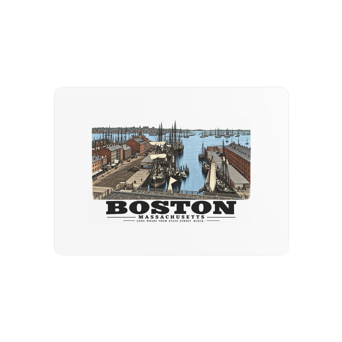 Long Wharf, from State St. block 7 × 5 in Horizontal Metal Wall Art - Boston Harbor