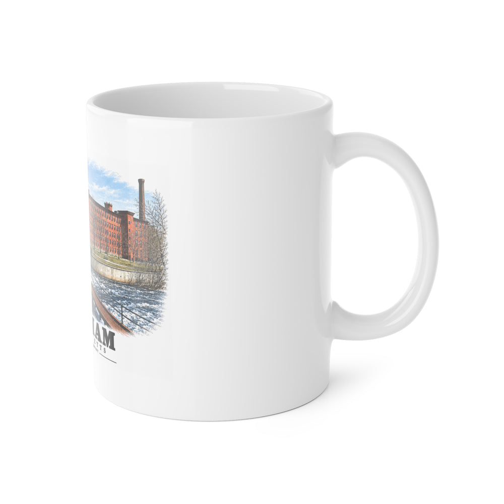 Boston Manufacturing Company, 144-190 Moody Street; Moody Street Dam, Charles River 11 oz White Ceramic Mug - Charles River