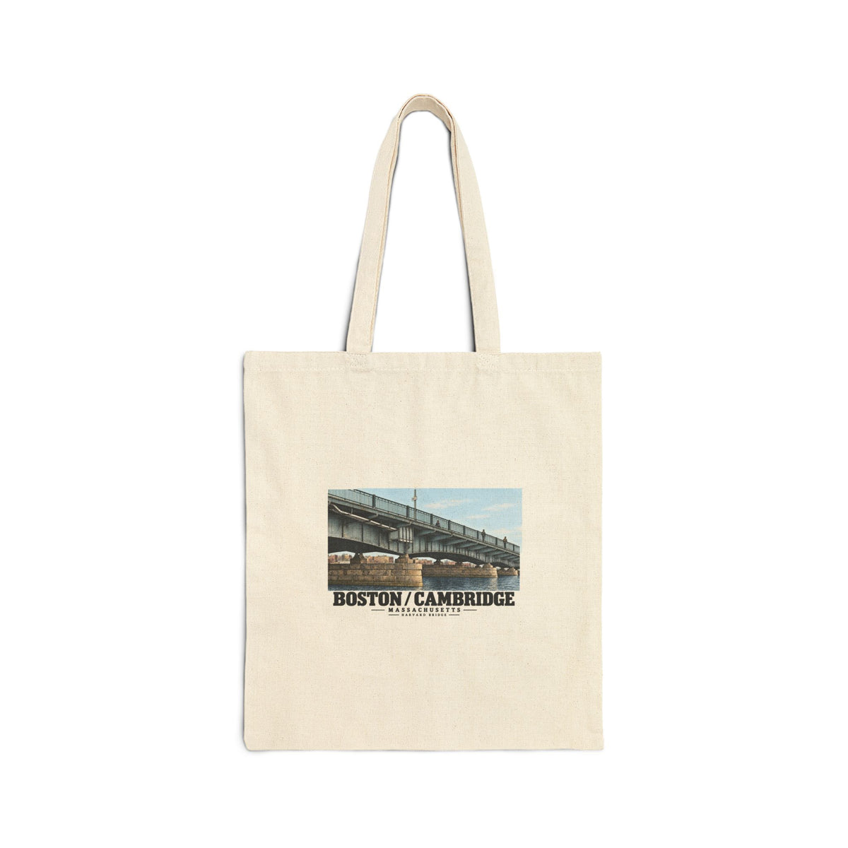 Natural tote front with Harvard Bridge artwork and Boston/Cambridge lettering