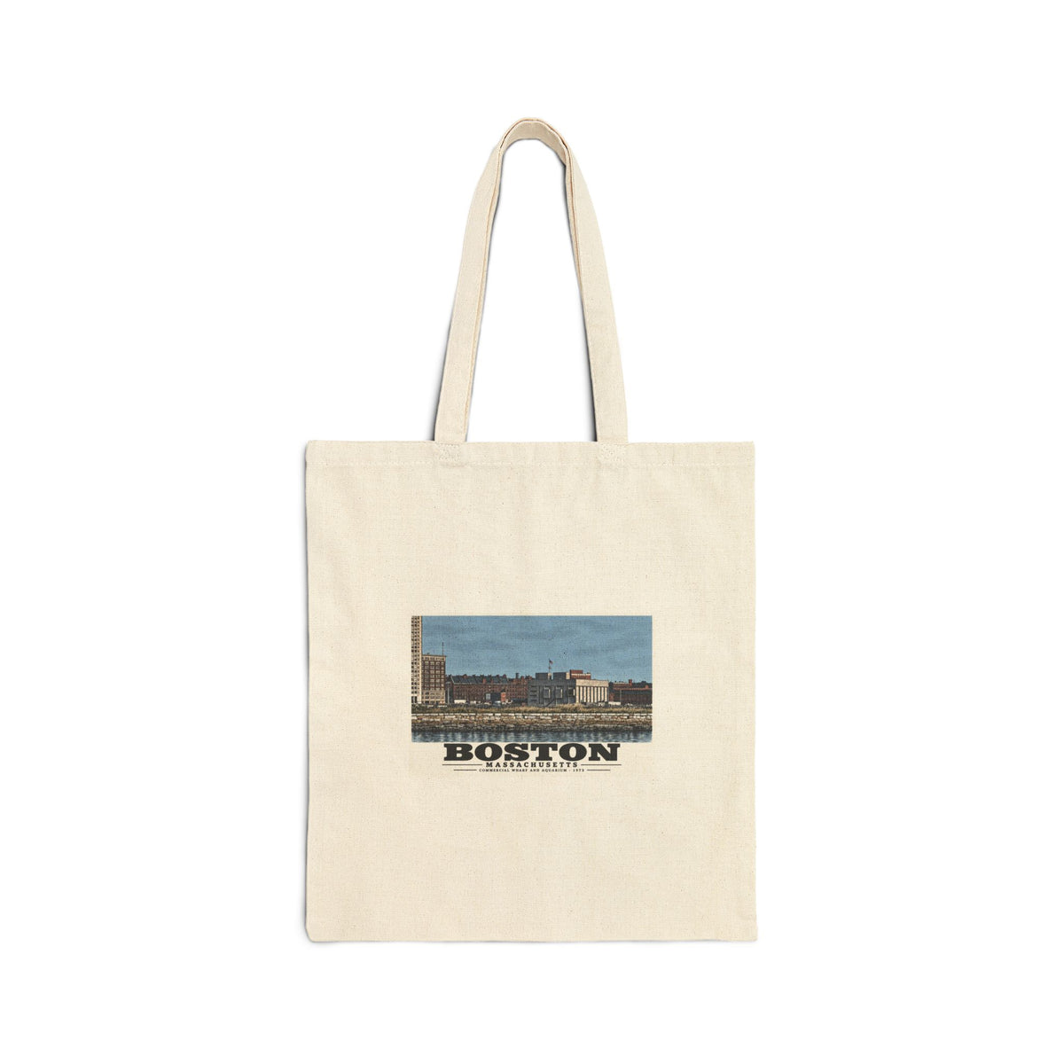 Natural fabric tote with Commercial Wharf and Aquarium waterfront buildings, stone seawall and harbor water artwork and Boston lettering
