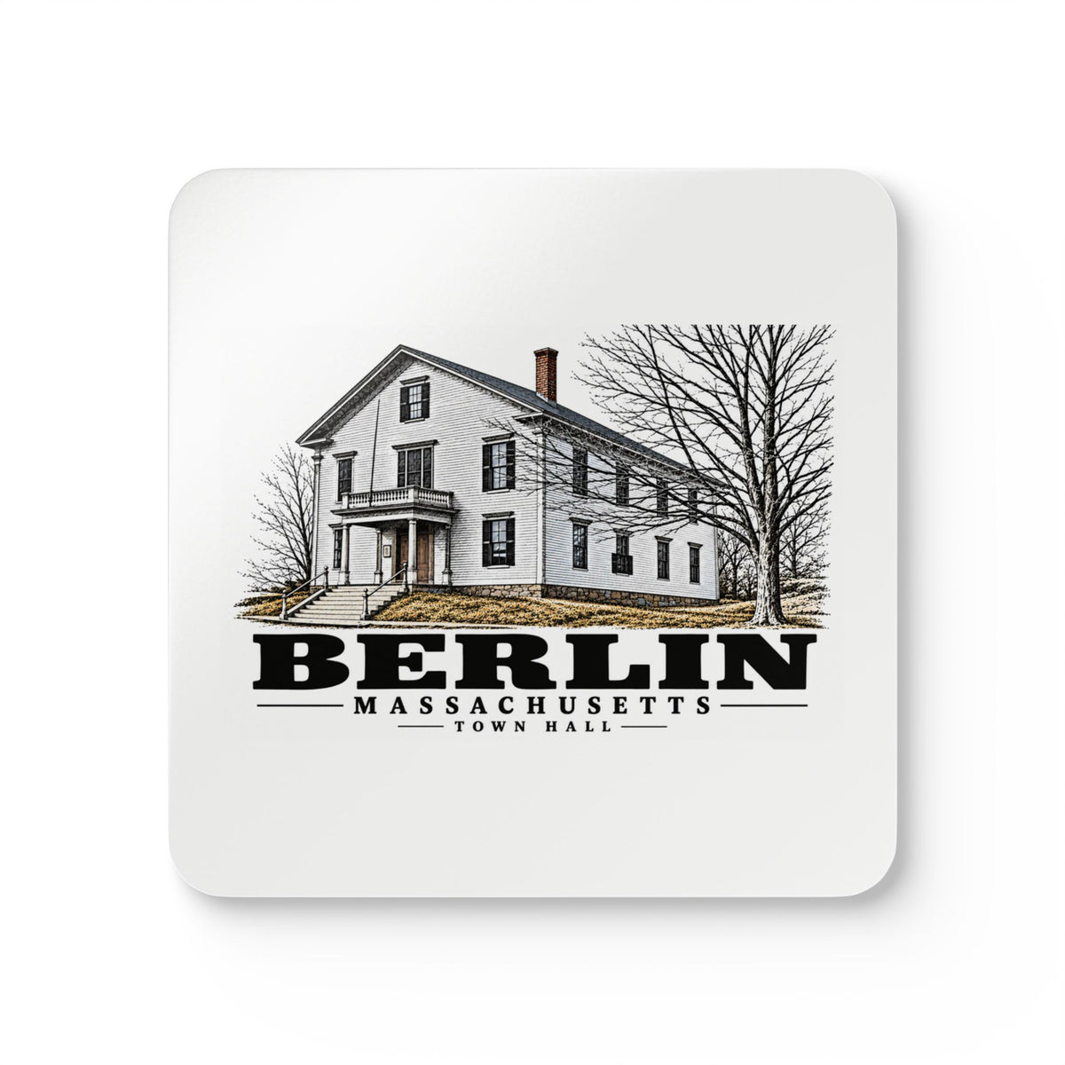 Illustrated Town Hall in Berlin on corkwood coaster set