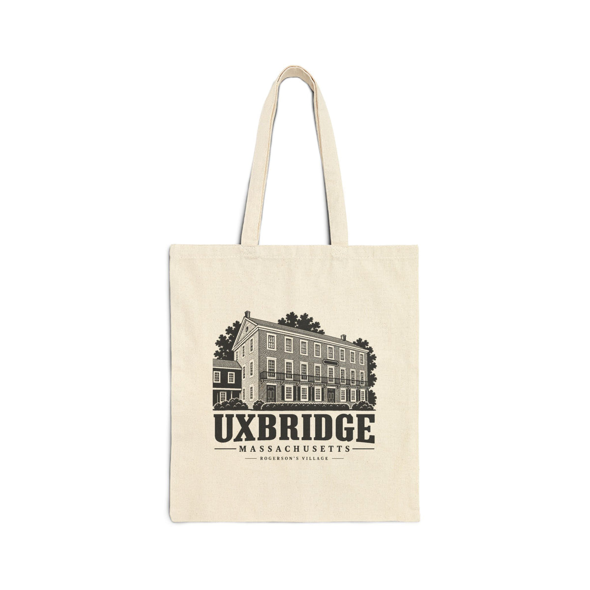 Natural canvas tote with Uxbridge Rogerson's Village artwork, front view