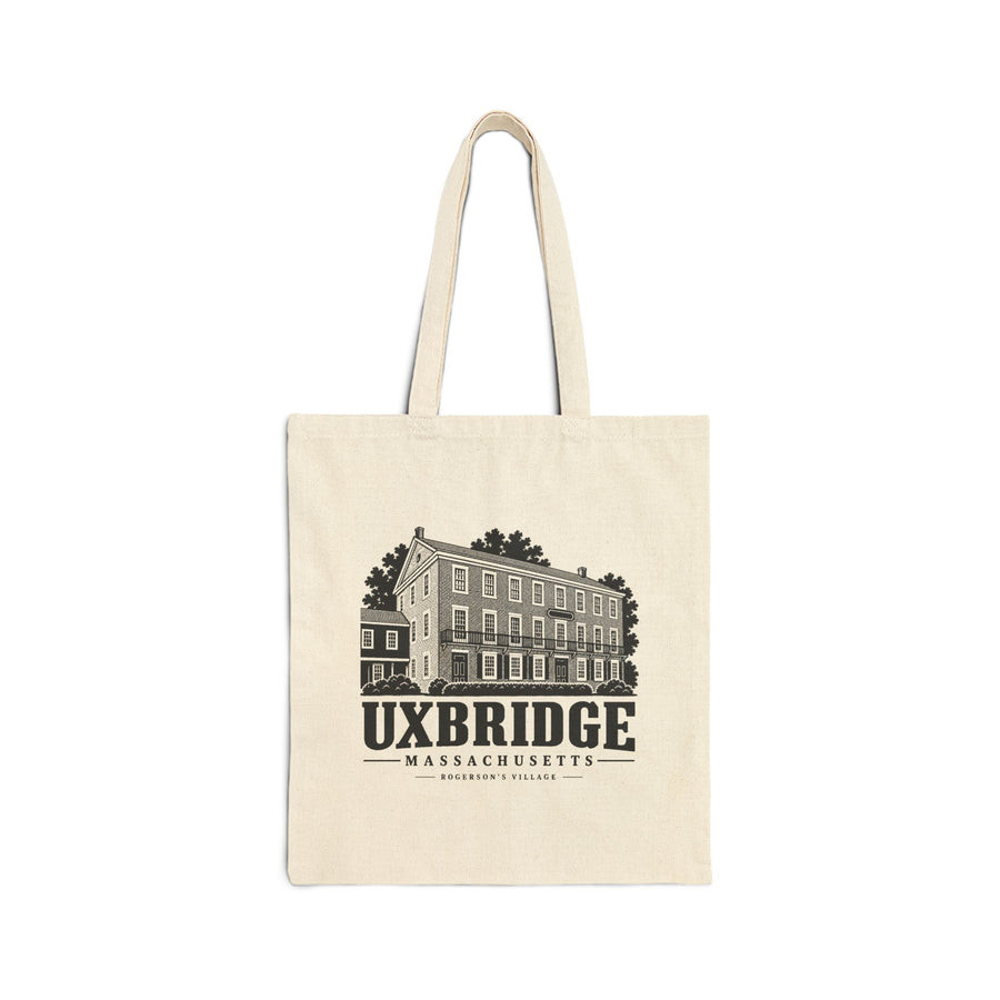 Natural canvas tote with Uxbridge Rogerson's Village artwork, front view