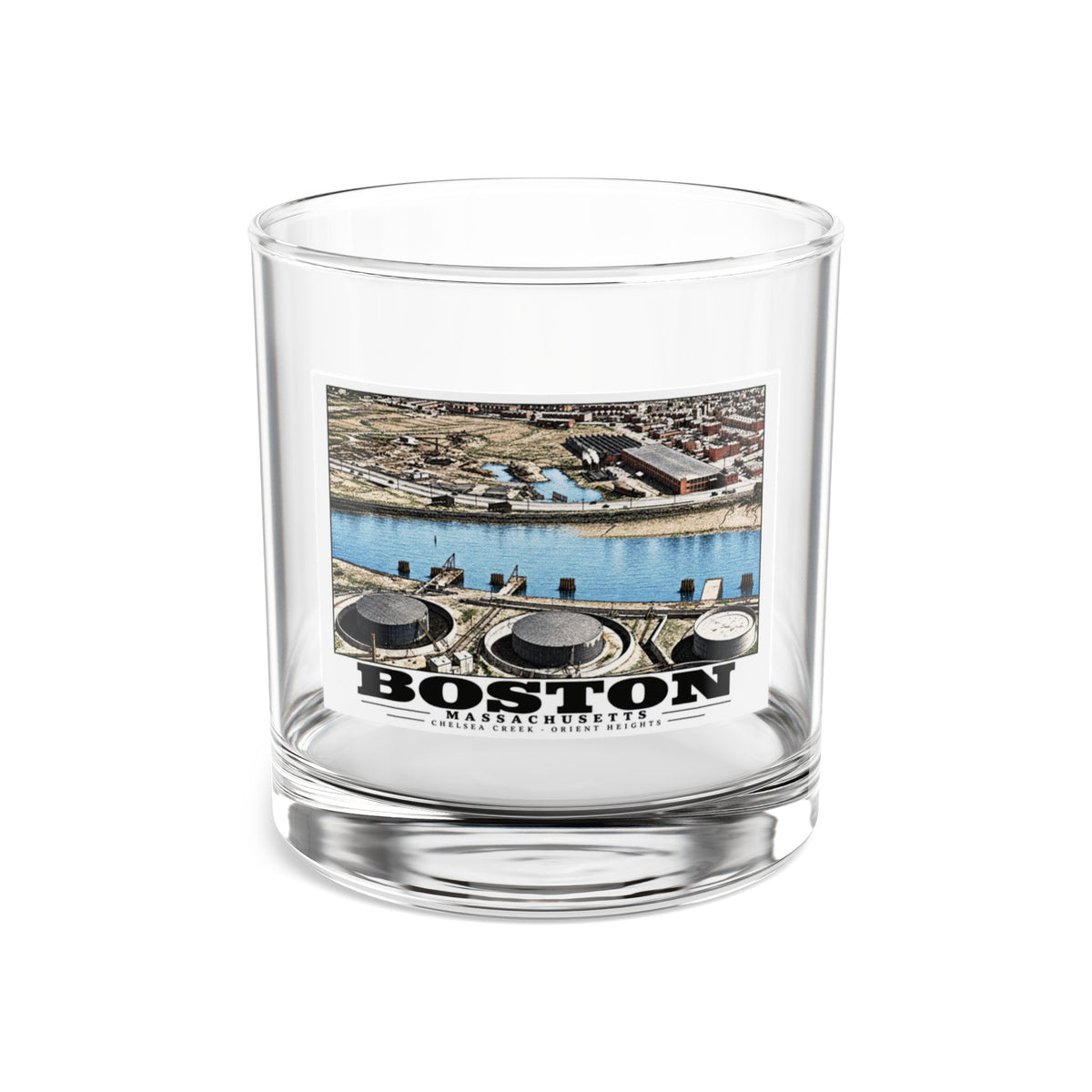 Orient Heights taken at 600 feet-Shore line, Chelsea Creek, East Boston 10 oz Rocks Glass - Boston Harbor