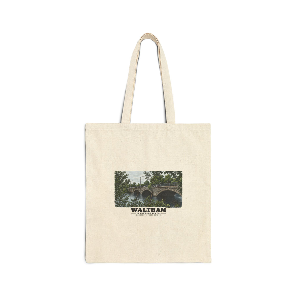Natural fabric tote with Prospect Street Bridge stone arches and river artwork and Waltham lettering