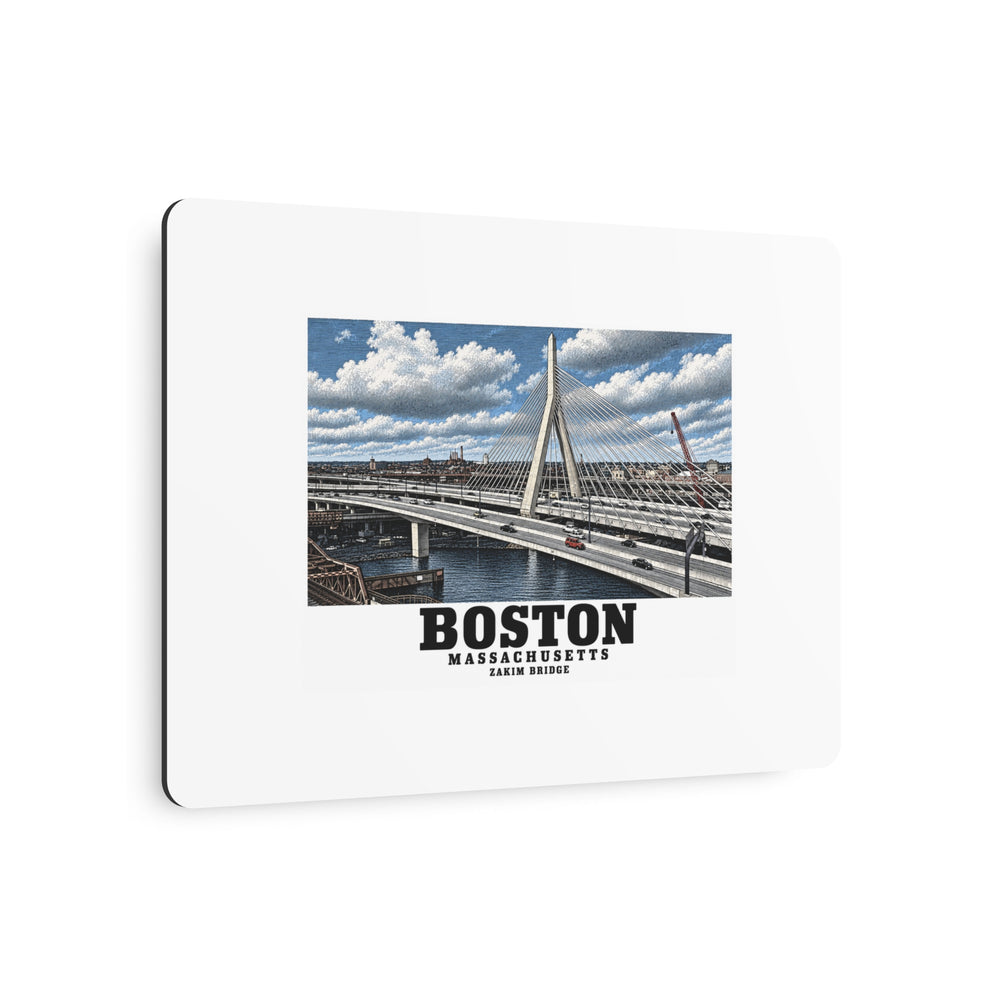 Angled view of Zakim Bunker Hill Bridge cable-stayed towers and Charles River metal print with its dark edge visible