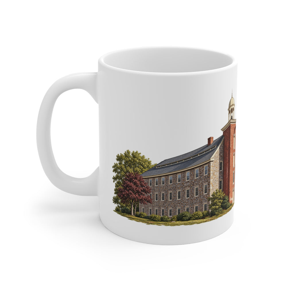 Pawtucket Wilkinson Mill Stone Machine Shop 11 oz ceramic mug — lettering view, handle right — Familiar History
