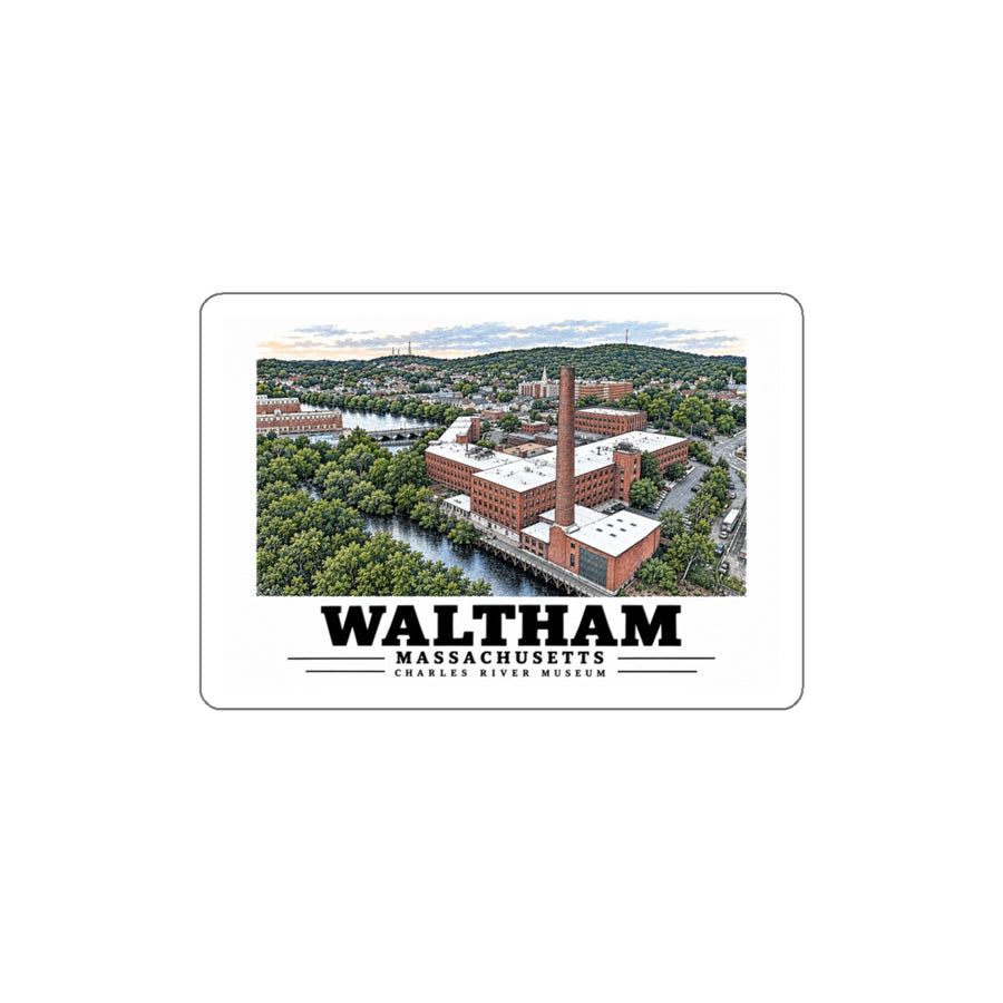 Illustrated Boston Manufacturing Company in Waltham on die-cut sticker