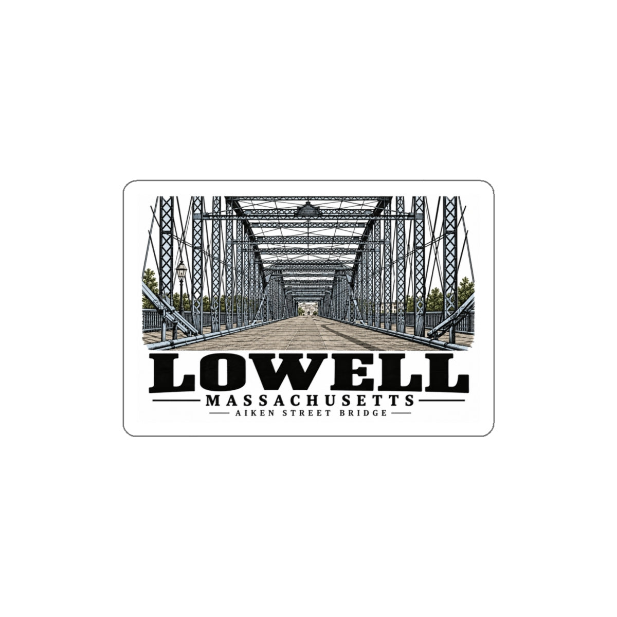 Front of Aiken Street Bridge white die-cut sticker, with Lowell, Massachusetts artwork and lettering.