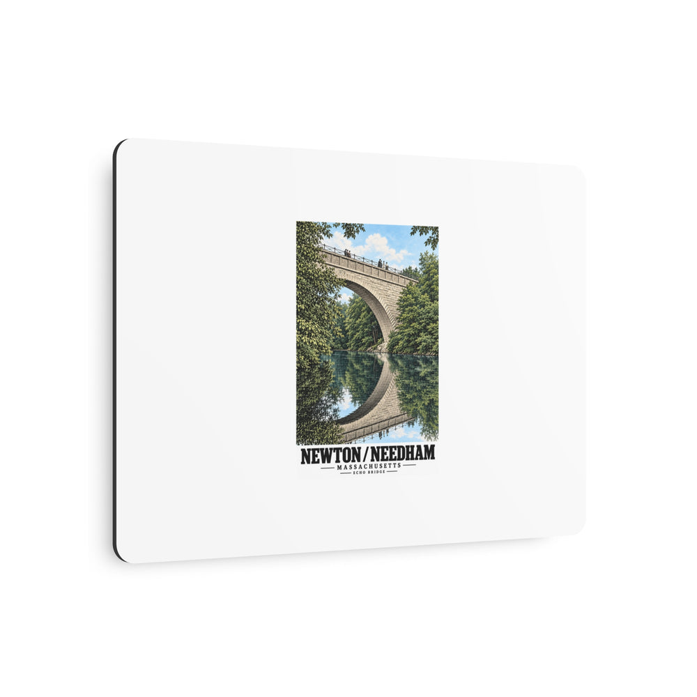 Angled view of Echo Bridge portrait metal print with its dark edge visible