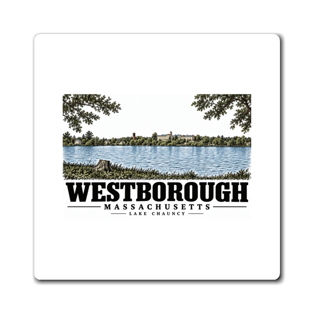 Illustrated Lake Chauncy in Westborough on square magnet