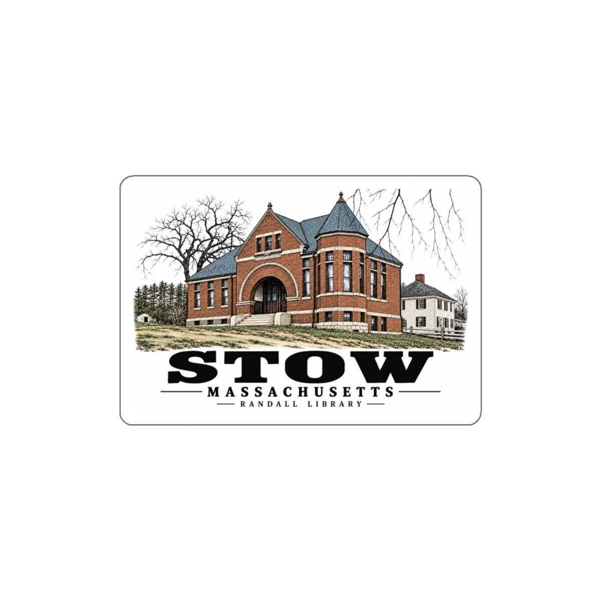 Illustrated Randall Library in Stow on die-cut sticker