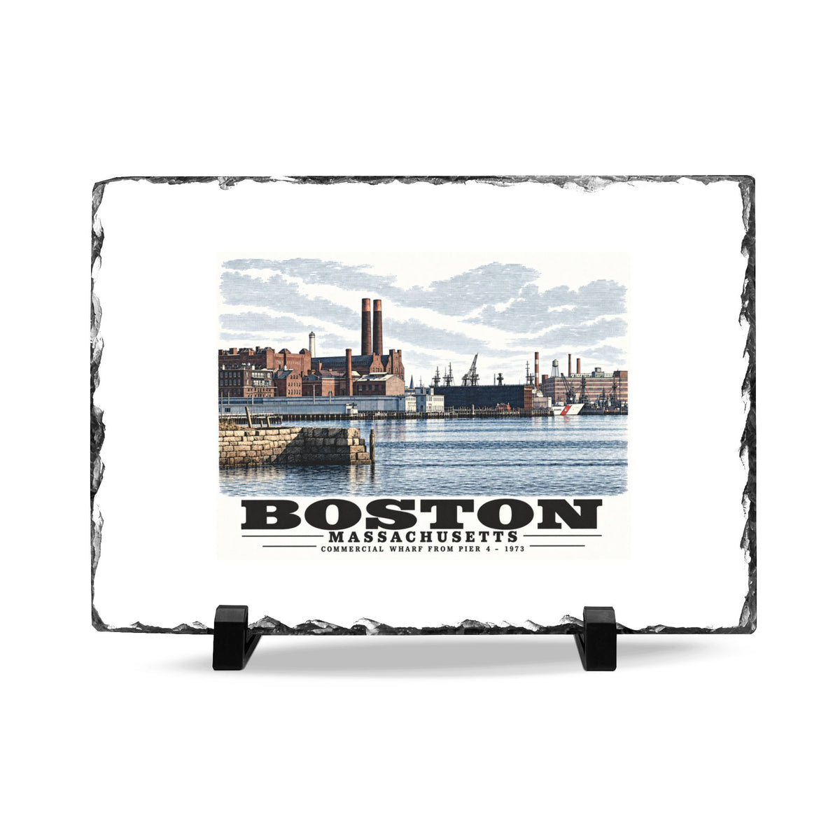 Rough-edged slate display on two black stands with Commercial Wharf waterfront buildings, twin chimneys and harbor water artwork and Boston lettering