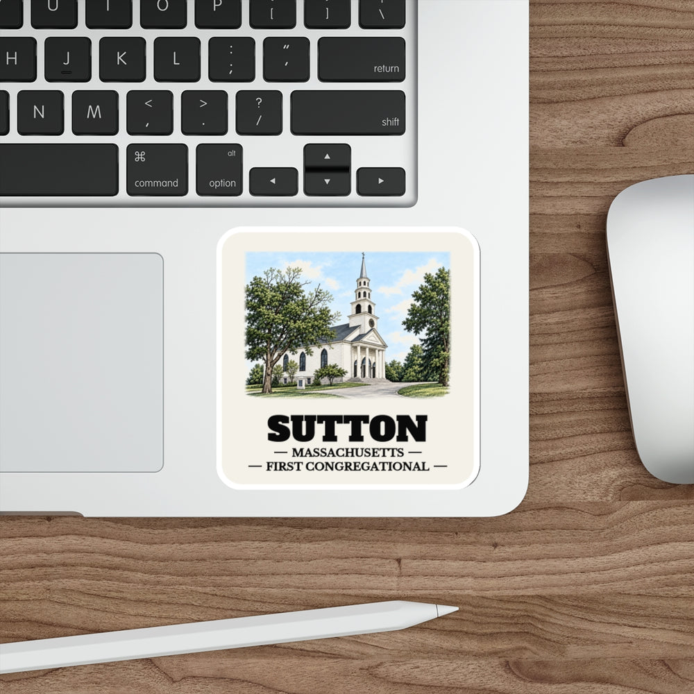 Sutton First Congregational Church sticker shown on a laptop