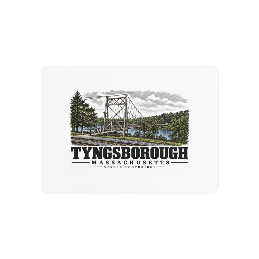 Front of Vesper Footbridge metal wall art, with Tyngsborough, Massachusetts artwork and lettering.