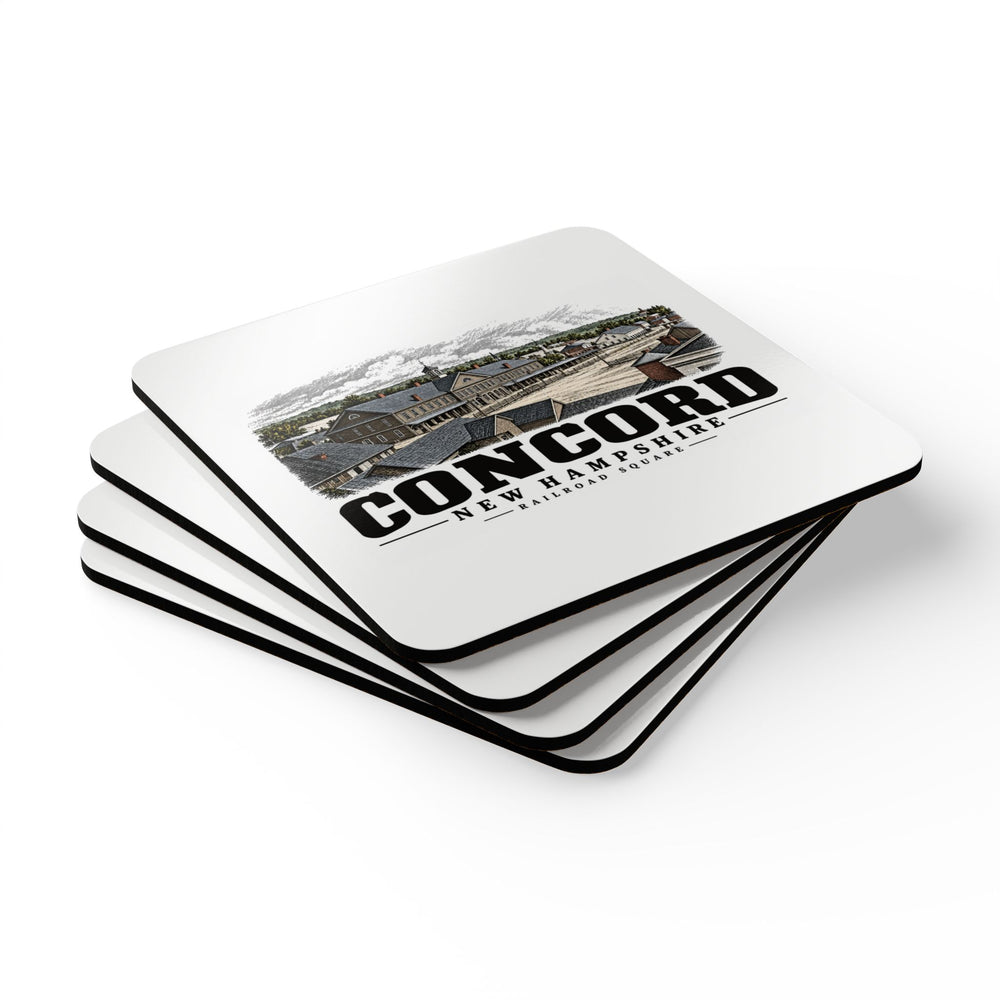 Stack of four coasters of Railroad Square square cork-backed coaster set, Concord, New Hampshire.