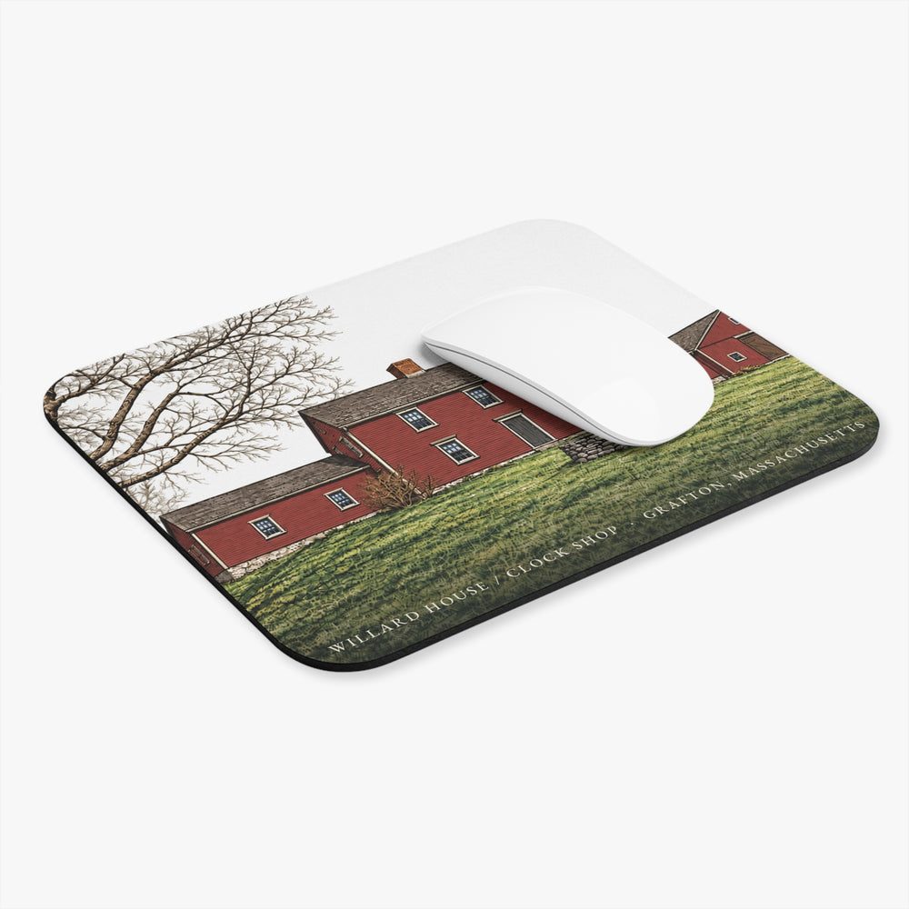 Grafton Willard House / Clock Shop mouse pad shown on a desk with a mouse