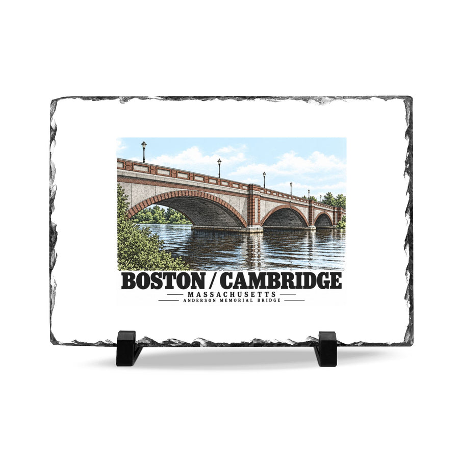 Rough-edged slate display on two black stands with Anderson Memorial Bridge close arch view artwork and Boston/Cambridge lettering