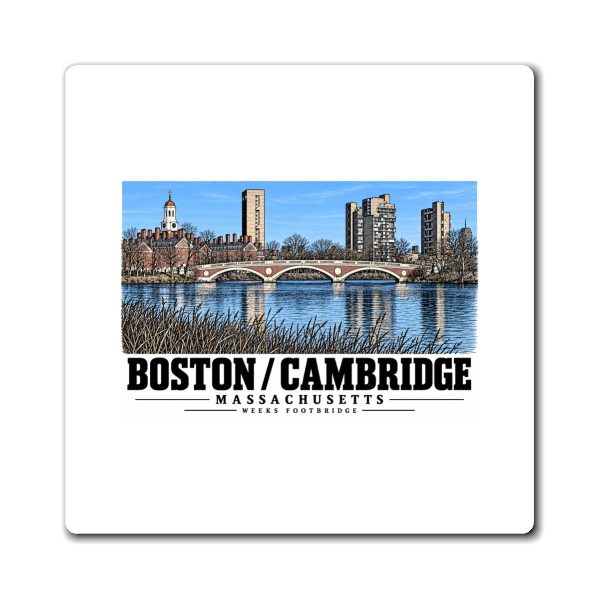 White rectangular magnet showing Weeks Footbridge stone arches and riverside towers artwork and Boston/Cambridge lettering