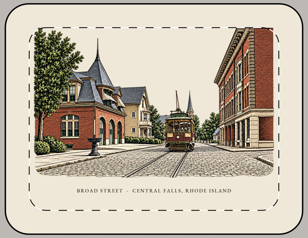 Central Falls Broad Street 15-inch laptop sleeve mockup showing the full illustrated print