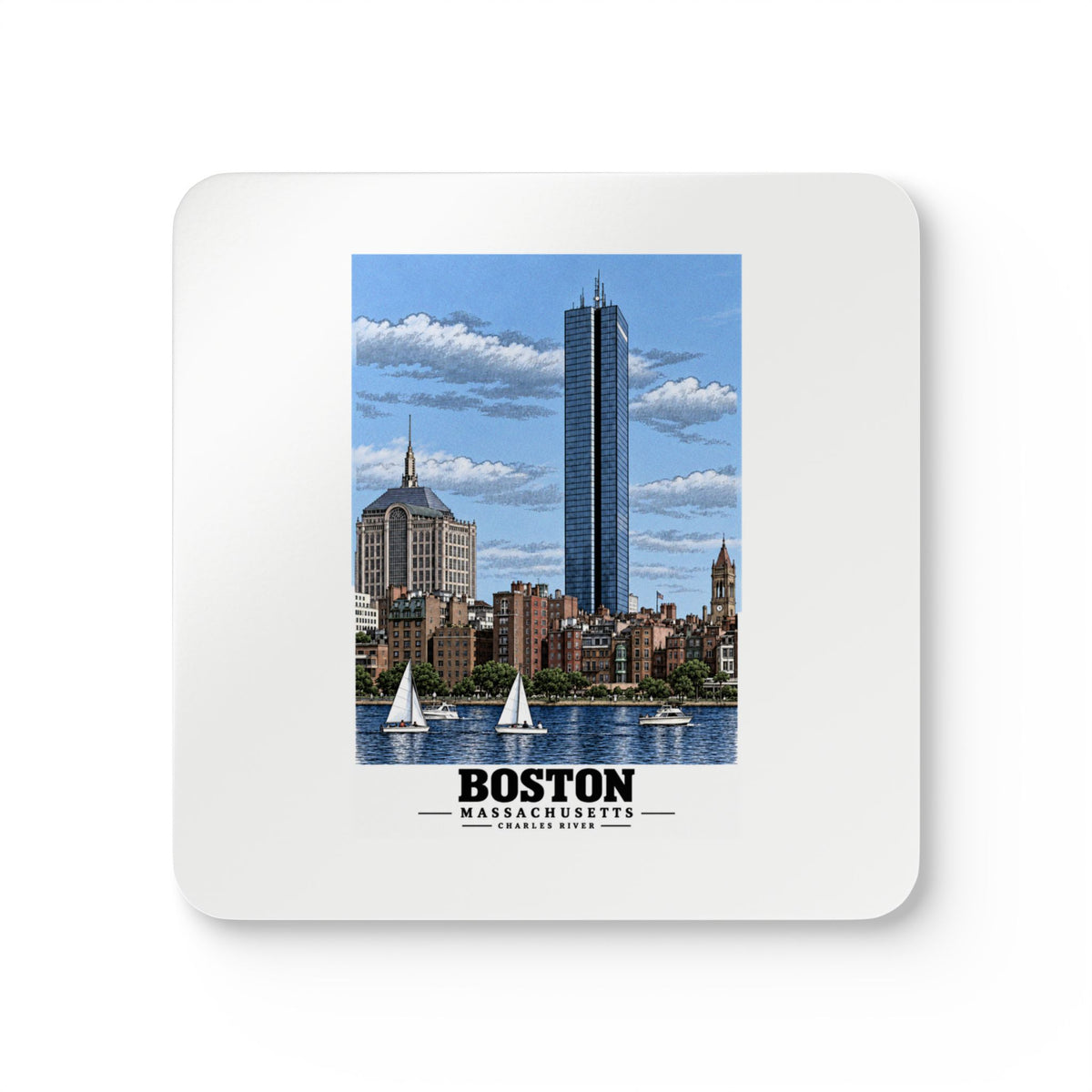Illustrated Boston, Massachusetts, from the Charles River in Boston and Cambridge on corkwood coaster set