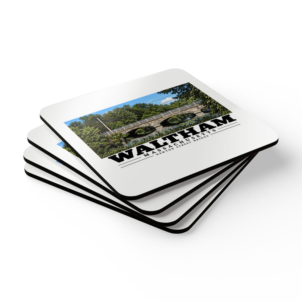 Angled stack of four coasters showing Waltham Newton Street Bridge artwork.