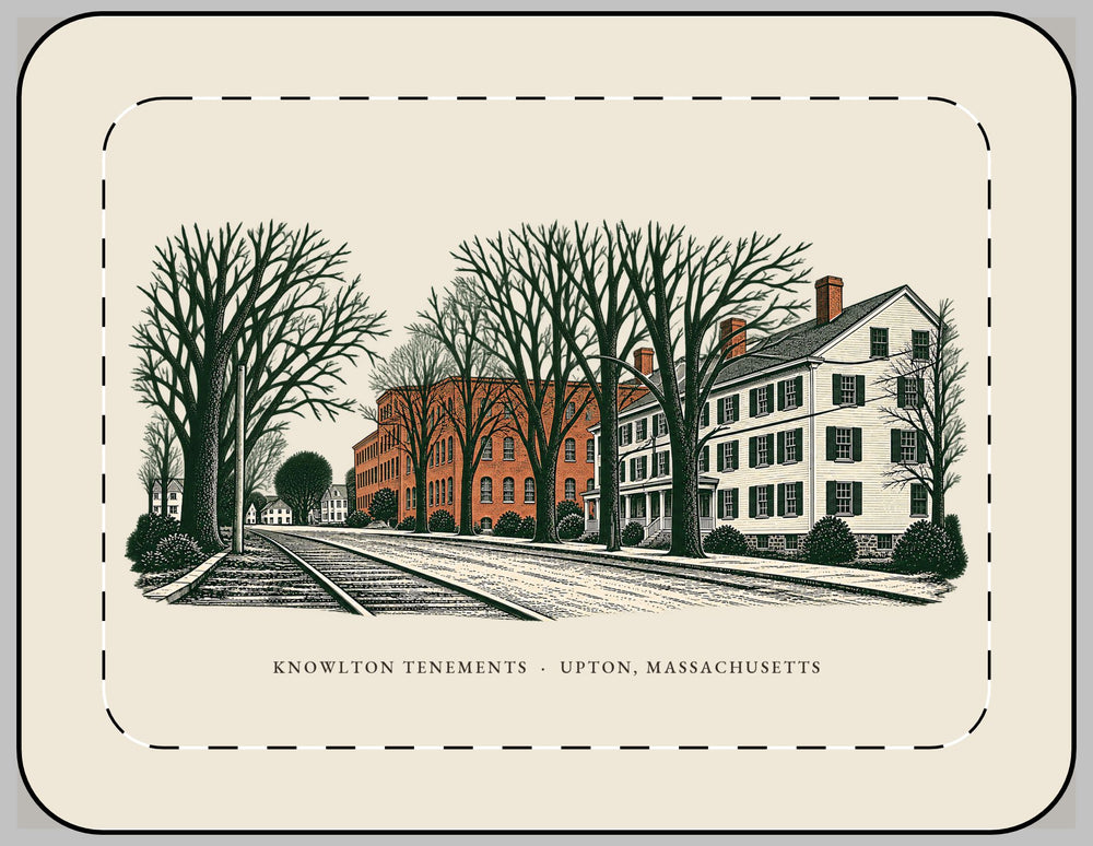 Upton Knowlton Tenements and Upton Loop Street Railway 13-inch laptop sleeve mockup showing the full illustrated print