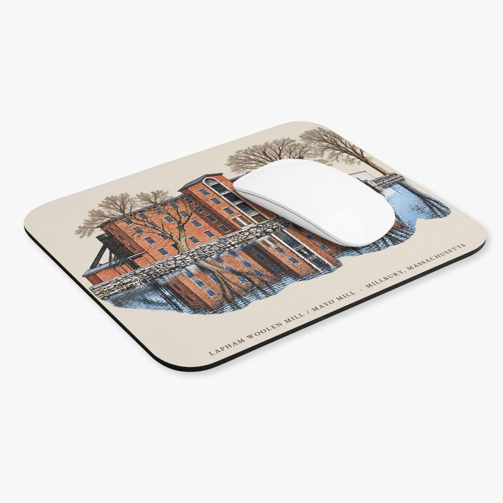 Millbury Lapham Woolen Mill / Mayo Mill mouse pad mockup showing the full illustrated print